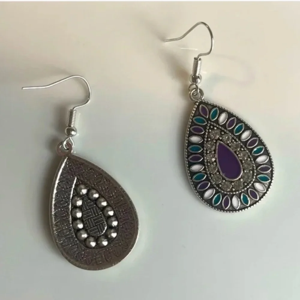 NWT! Bohemian Boho Turquoise and Purple Silver Tone with Rhinestones Earrings!